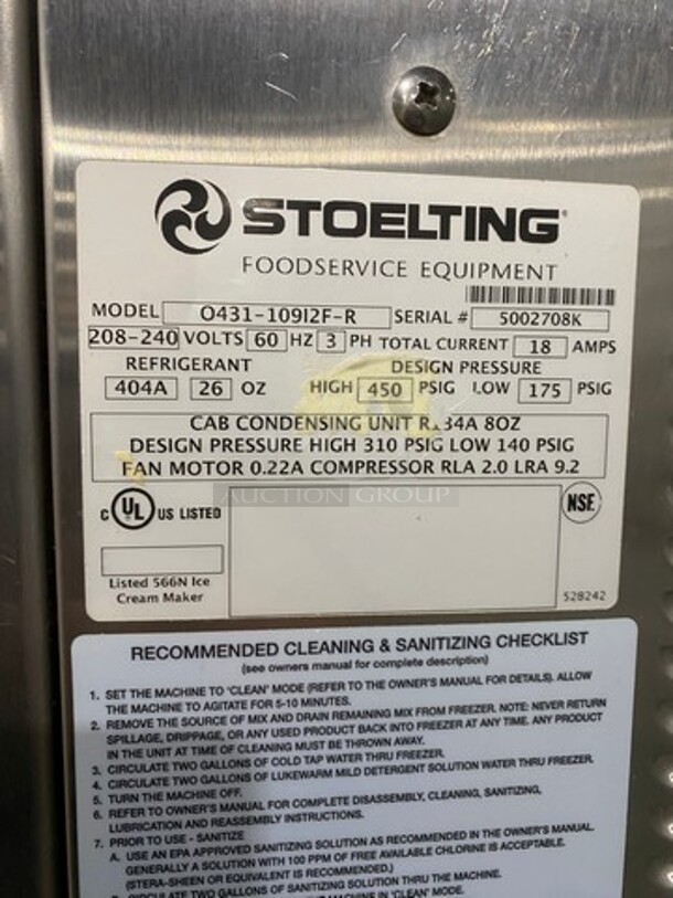 Stoelting Commercial 2 Flavor Soft Serve Ice Cream/Yogurt Machine! All Stainless Steel! Model O431109I2FR Serial 5002708K! 208/240V 3Phase! On Casters!  - Image 8 of 9