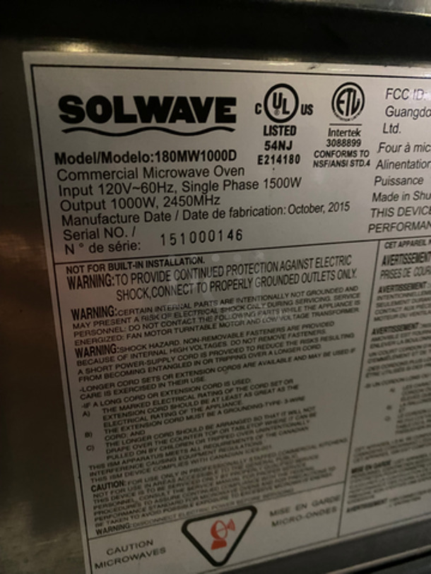 Solwave Commercial Countertop Microwave Oven! With View Through Door! All Stainless Steel! Model: 180MW1000D SN: 151000146 120V 60HZ 1 Phase - Image 5 of 8