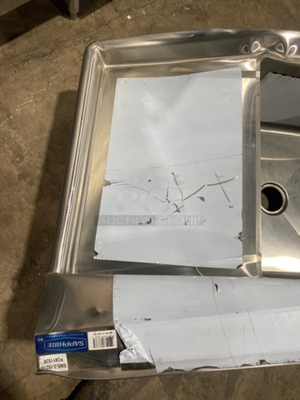 NEW! SCRATCH-N-DENT! Sapphire Commercial 3 Compartment Dish Washing Sink! With Single Side Drain Board! With Back Splash! All Stainless Steel! Model: SMS31821R - Image 7 of 10