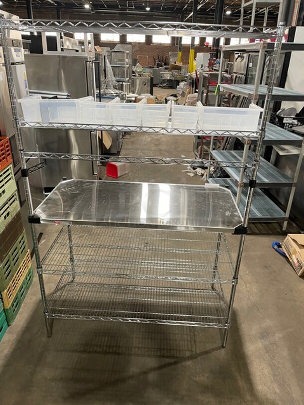 NEW & PERFECT! Metro Commercial Stainless Steel Out Going Station! With 2 Chrome Wire Over Shelves & 2 Full Sized Chrome Wire Under Shelves! With Plastic Storage Bins! On Legs!  - Image 3 of 8