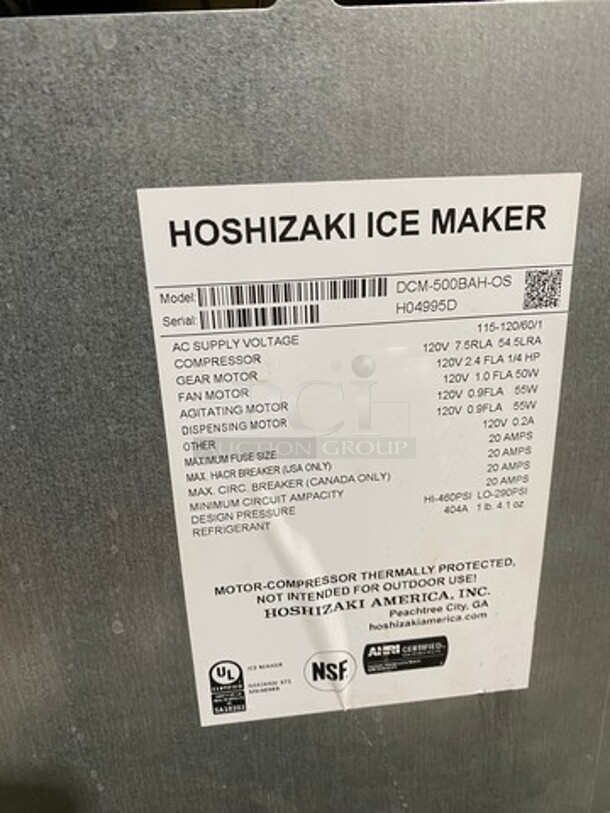 Hoshizaki Commercial Countertop Ice/Water Machine Dispenser Combo! All Stainless Steel! On Legs! Model: DCM500BAHOS SN: H04995D 115V 60HZ 1 Phase - Image 5 of 8