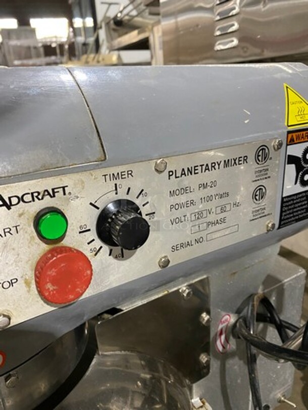 GREAT! Adcraft Commercial 20QT Planetary Mixer! With Mixing Bowl And Bowl Guard! With Whisk, Paddle, And Spiral Hook Attachments! Model: PM20 SN: 1605204 120V 60HZ 1 Phase - Image 5 of 9