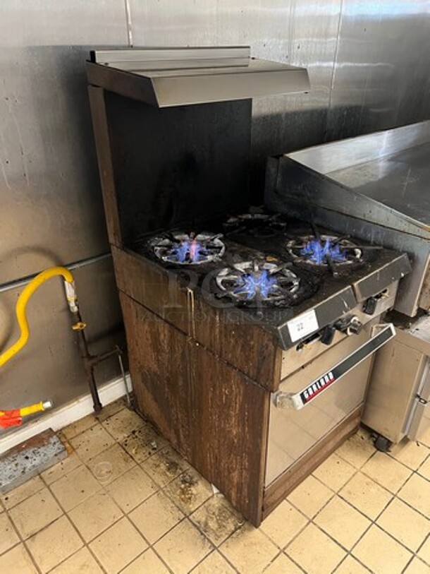 Garland Commercial Natural Gas Powered 4 Burner Stove! With Raised Back Splash And Salamander Shelf! With Oven Underneath! Metal Oven Rack! All Stainless Steel! On Legs! WORKING WHEN REMOVED! - Image 2 of 6