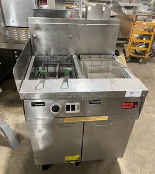 Frymaster Commercial Natural Gas Powered Deep Fat Fryer With Side Dumping Station! With Metal Frying Baskets! With Back Splash! All Stainless Steel! On Casters! Model: FM145ESC SN: 0204GH0013!
