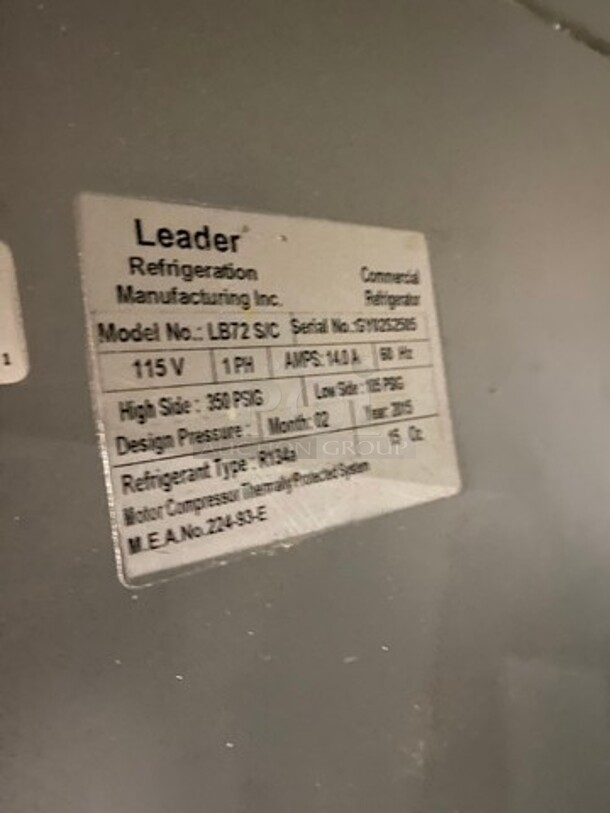 Leader Commercial 3 Door Undercounter/ Work Top Cooler! All Stainless Steel! On Casters! Model: LB72S/C SN: GY02S2505 115V 60HZ 1 Phase - Image 7 of 8