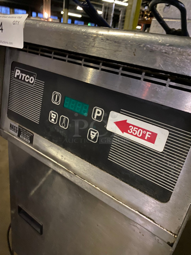 Pitco Commercial Natural Gas Powered Deep Fat Fryer! With Oil Filter System! With Backsplash! With 2 Metal Frying Baskets! All Stainless Steel! On Casters! Model: LBSG14 SN: G05LA039687 120V 50/60HZ 1 Phase  - Image 9 of 10