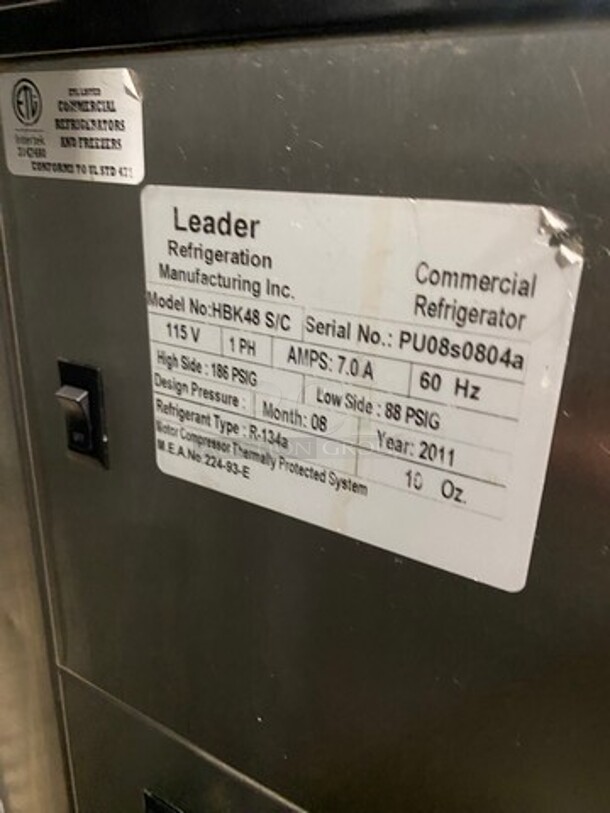 2011 Leader Commercial Refrigerated Deli/ Bakery Display Case Merchandiser! With Straight Front Glass! With Rear Access Doors! Stainless Steel Outline! Model: HBK48SC SN: PU08S0804A 115V 60HZ 1 Phase - Image 6 of 8