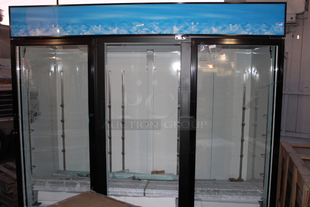 BRAND NEW SCRATCH & DENT! Avantco GDC-69-HC 78 1/4" Black Customizable Swing Glass Door Merchandiser Refrigerator with LED Lighting. Missing Middle Door, Power Cord and Switches. Unable to test.  - Image 2 of 3