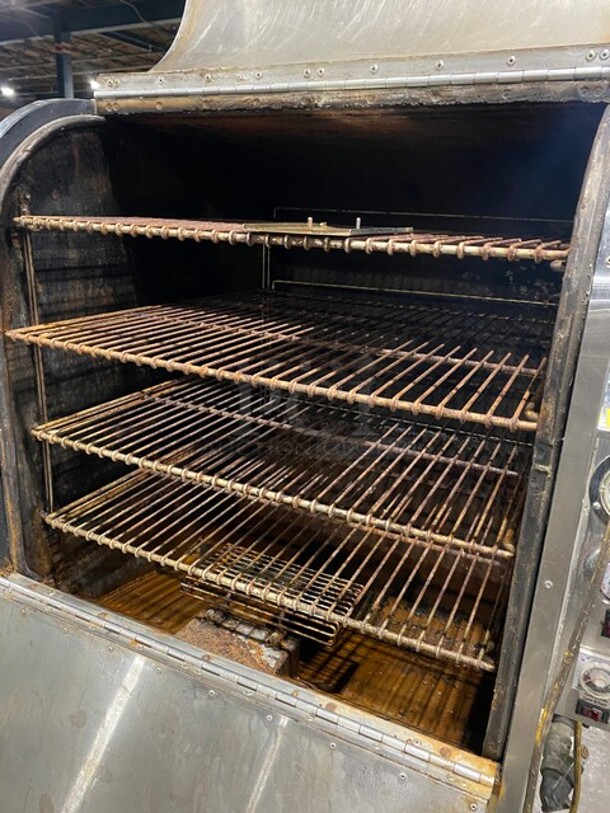 AMAZING! Ole Hickory Pits Wood Burning Barbecue Multi-Use Smoker! Natural Gas Powered! With 4 Oven Racks! All Stainless Steel! Model CTO Serial C161010184! On Casters! WORKING WHEN REMOVED! - Image 5 of 10