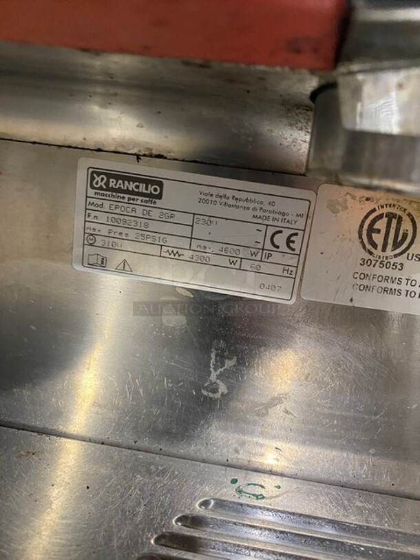 NICE! Rancilio Commercial Countertop 2 Group Espresso Machine! With Steam Wand! All Stainless Steel! Model EPOCADE2GR Serial 10092318! 230V! WORKING WHEN REMOVED! - Image 9 of 11