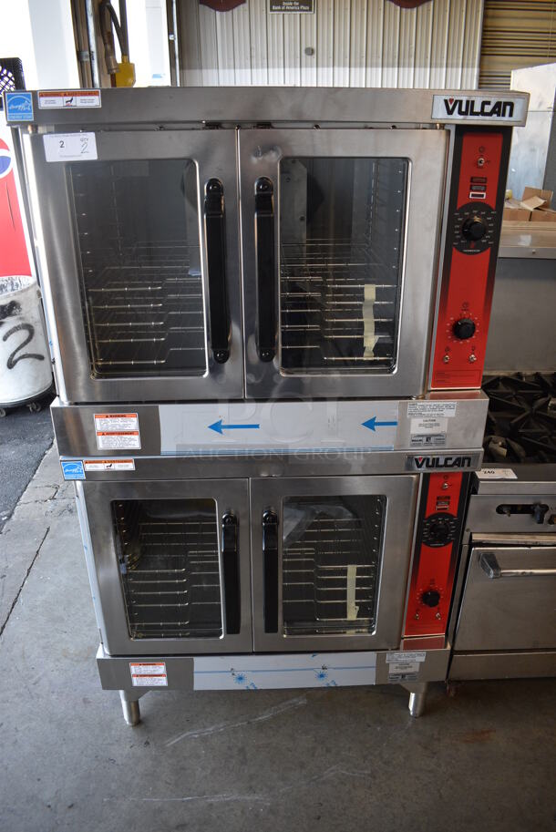 2 BRAND NEW SCRATCH AND DENT! LATE MODEL! Vulcan VC4GD-11D150K Stainless Steel Commercial Natural Gas Powered Full Size Convection Oven w/ View Through Doors, Metal Oven Racks and Thermostatic Controls on Commercial Casters. 40x31x70. 2 Times Your Bid! Tested and Working!