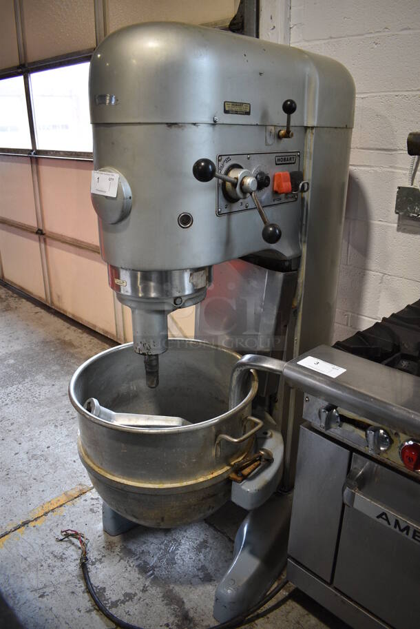 Hobart Model M 802 Metal Commercial Floor Style 80 Quart Planetary Dough Mixer w/ Metal Mixing Bowl, Paddle and Dough Hook Attachments. 230 Volts, 3 Phase. 28x41x65