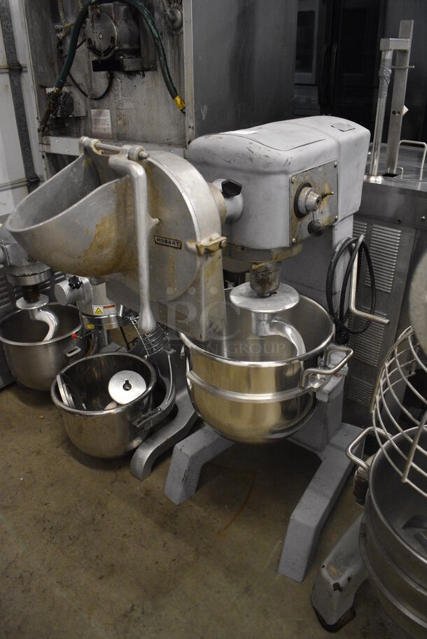 Hobart Model D-300 Metal Commercial Floor Style 30 Quart Planetary Dough Mixer w/ Pelican Head, Stainless Steel Mixing Bowl and Dough Hook Attachment. 208 Volts, 1 Phase. 21x38x46