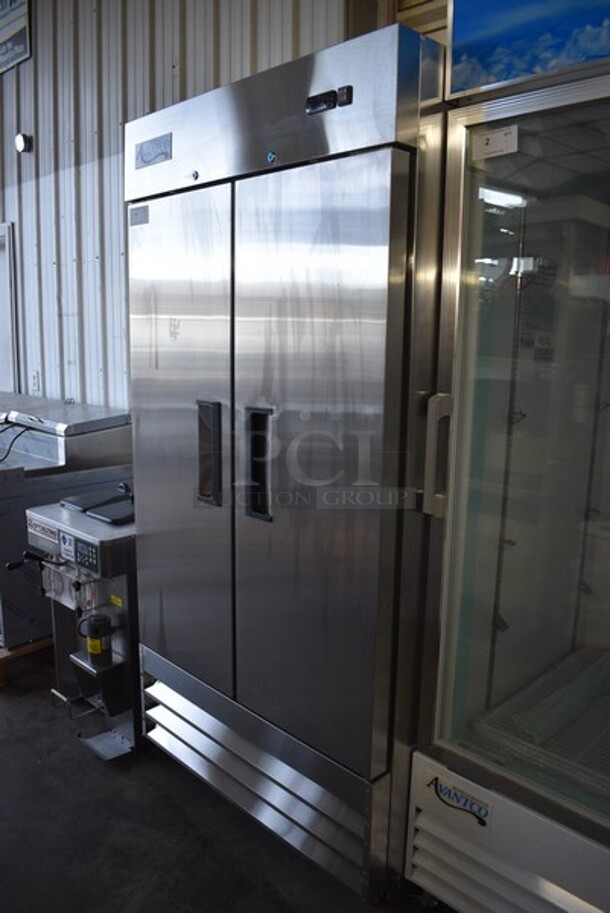 BRAND NEW SCRATCH AND DENT! Avantco Model 178A35RHC Stainless Steel Commercial 2 Door Reach In Cooler w/Poly Coated Racks on Commercial Casters. 115 Volts, 1 Phase. 39x30x82.5. Tested and Working! - Image 2 of 5