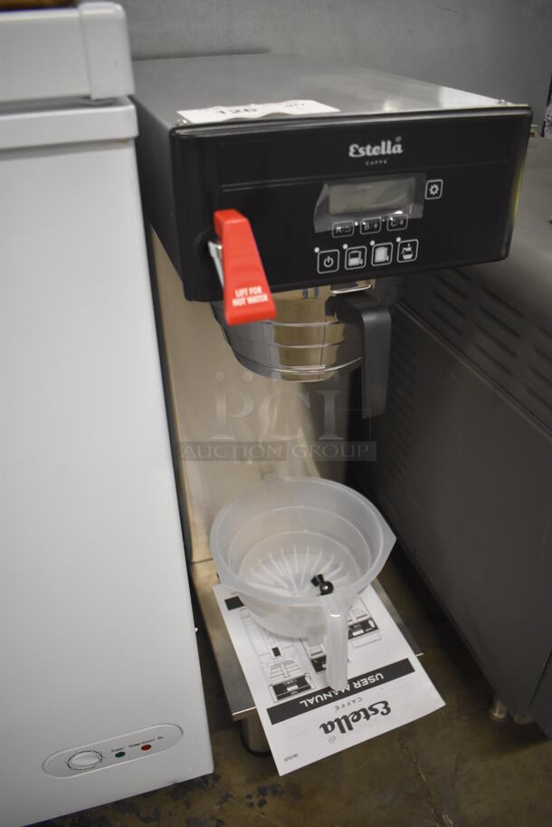 BRAND NEW IN BOX! Estella Caffe AIS0DAF ECSB-1 Stainless Steel Commercial Countertop Automatic Single Shuttle Coffee Maker w/ Digital Display, Hot Water Dispenser, Metal Brew Basket, Poly Brew Basket and Poly Pitcher. 120 Volts, 1 Phase. 10x24x31. Tested and Working! - Image 3 of 7