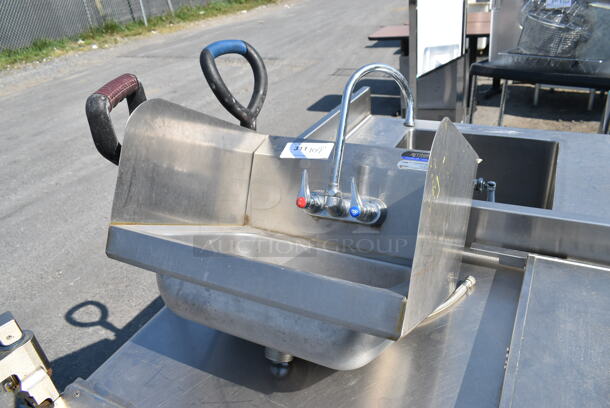 Stainless Steel Single Bay Wall Mount Sink w/ Faucet, Handles and Side Splash Guards.  - Image 2 of 6