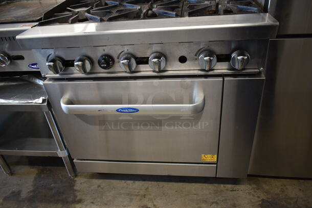 Cook Rite Stainless Steel Commercial Propane Gas Powered 6 Burner Range w/ Oven, Over Shelf and Back Splash on Commercial Casters.  - Image 4 of 7