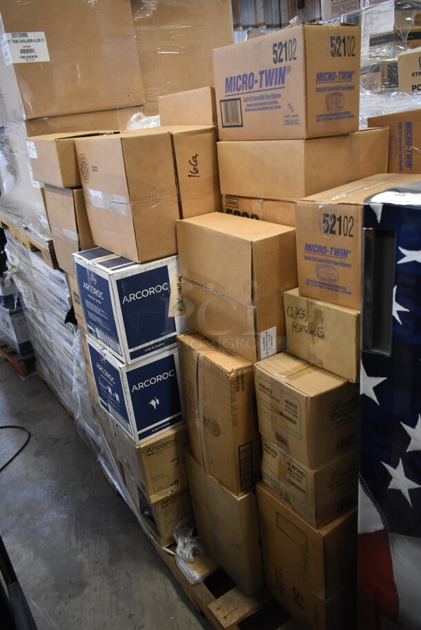 PALLET LOT of 55 BRAND NEW! Boxes Including Almond Heavy Weight Poly Knives, 52101 Micro Twin Bath Tissue Dispenser, Solo Cups, Libbey 5203 11 oz Glass Mugs, Arcoroc Syrup Pourers, Arcoroc Glasses, Solo Teaspoons, Karat Poly Spoons. 55 Times Your Bid! - Image 2 of 12