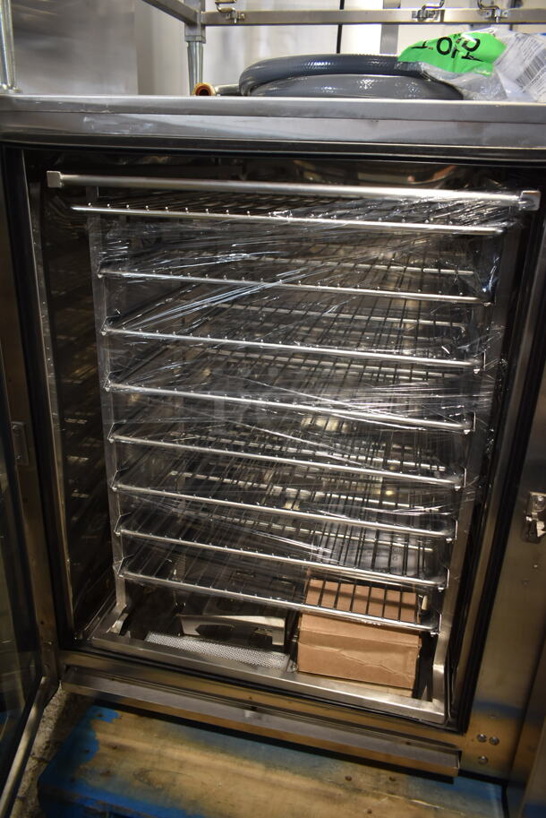 BRAND NEW SCRATCH AND DENT! Blodgett BLCT102E/CPE 2.10 Stainless Steel Commercial Electric Powered Combi Convection Oven w/ View Through Door, Metal Oven Racks and Stand. 208 Volts, 3 Phase.  - Image 7 of 9