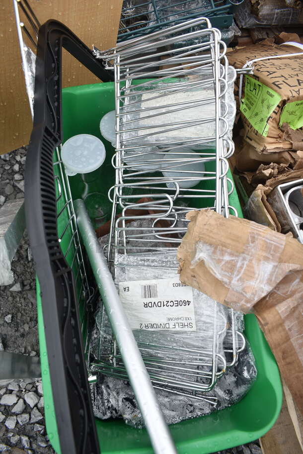 ALL ONE MONEY! Lot of Various Items Including 460EC21DVDR Regency 8" x 21" Chrome Wire Shelf Divider, Seasoning Shakers, 1920415NVMD Uncommon Chef South Beach 0415 Unisex Navy Customizable Short Sleeve Chef Coat - M, Green Bucket. - Image 3 of 9