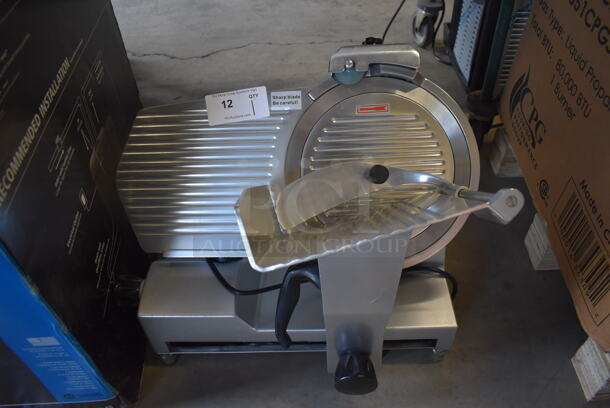 BRAND NEW SCRATCH AND DENT! Avantco 177SL512 Stainless Steel Commercial Countertop Meat Slicer w/ Blade Sharpener. 110-120 Volts, 1 Phase. 26x19x19. Tested and Working!