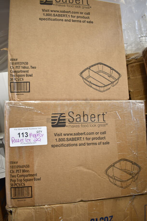PALLET LOT of 29 BRAND NEW Boxes Including 707160HL Sabert Catering Pop-Top 14 3/8" Square Clear PET Hinged Lid for 160 oz. Square Bowl - 30/Case, 3 Box 347SP6CL Visions Florence 6" Square Clear Plastic Plate - 120/Case, 707801C Sabert Catering Pop-Top 80 oz. Clear PET One-Compartment Square Bowl - 50/Case, 2 Box 129MCR32B Choice 32 oz. Black Round Microwavable Heavy Weight Container with Lid 7 1/4" - 150/Case, 795PTOKFT1 Choice Kraft Microwavable Folded Paper #1 Take-Out Container 4 3/8" x 3 1/2" x 2 1/2" - 450/Case, 2 Box G4600XR Can Liners, 612P527 Choice 7" Clear Round Plastic Dome Lid - 500/Case, 3 Box 395SP08 EcoChoice Compostable Sugarcane / Bagasse 8" x 8" Square Plate - 400/Case, 7071602C Sabert Catering Pop-Top 160 oz. Clear PET Two-Compartment Square Bowl Set - 30/Case, 707802C Sabert Catering Pop-Top 80 oz. Clear PET Two-Compartment Square Bowl - 50/Case, HP4004743 Manitowoc Ice 4004743 Curtain, Water, Vac Form, 500CTOUT96 Choice 96 oz. Beverage Take-Out Container - 25/Case, 500TO883C3 Choice 8" x 8" x 3" Microwaveable 3-Compartment Black / Clear Plastic Hinged Container - 100/Case, 394360XL Noble Products Clear Powdered Disposable Vinyl Gloves for Foodservice - Extra Large - 1000/Case. 29 Times Your Bid! - Image 9 of 12