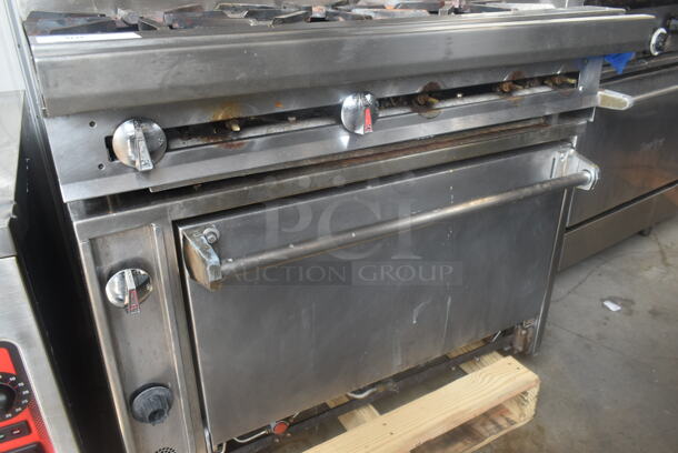 Jade Range Stainless Steel Commercial Natural Gas Powered 2 Tier 6 Burner Range w/ Oven, Salamander Cheese Melter and Back Splash. - Image 6 of 8