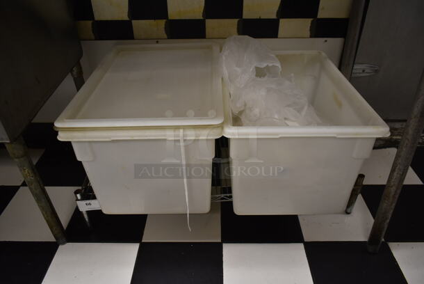 Chrome Finish Wire Dunnage Rack w/ 2 White Poly Bins. (kitchen) - Image 1 of 7