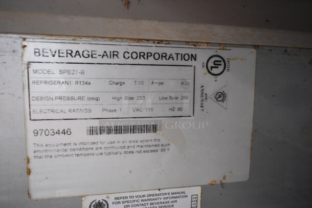 Beverage Air SPE27-B Stainless Steel Commercial Sandwich Salad Prep Table on Commercial Casters. 115 Volts, 1 Phase. Tested and Powers On But Does Not Get Cold - Image 4 of 4
