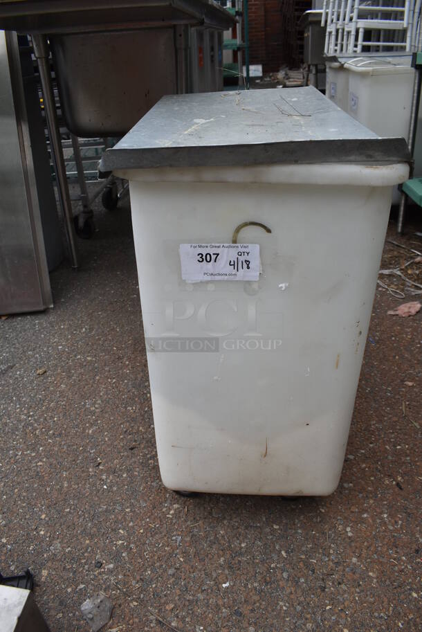 White Poly Ingredient Bin w/ Metal Lid on Commercial Casters.