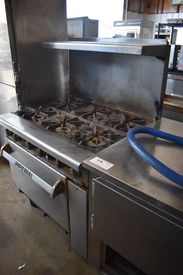 Imperial Stainless Steel Commercial Natural Gas Powered 6 Burner Range w/ Oven, Over Shelf and Back Splash. Comes w/ Gas Hose!  - Image 3 of 6