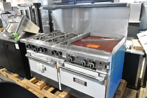 BRAND NEW! 2023 Garland G60-6G24CR Stainless Steel Commercial Floor Style Natural Gas Powered 6 Burner Range w/ Right Side Flat Top Griddle, 2 Ovens, Over Shelf and Back Splash.