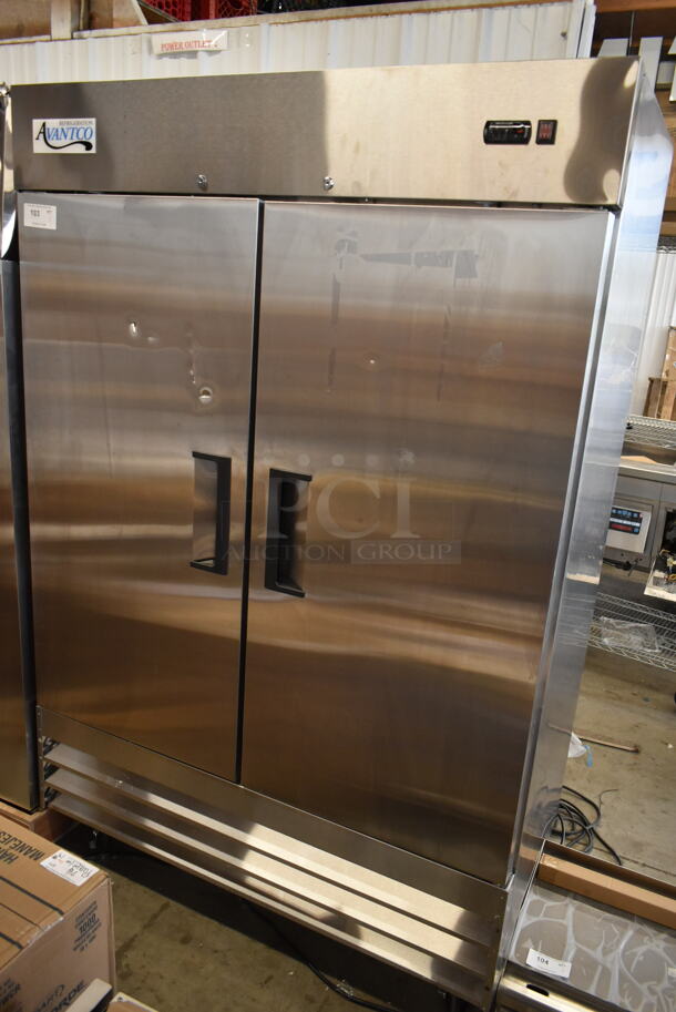 BRAND NEW SCRATCH AND DENT! 2024 Avantco 178A49FHC Stainless Steel Commercial 2 Door Reach In Freezer w/ Poly Coated Racks on Commercial Casters. 115 Volts, 1 Phase. Tested and Working! - Image 2 of 7