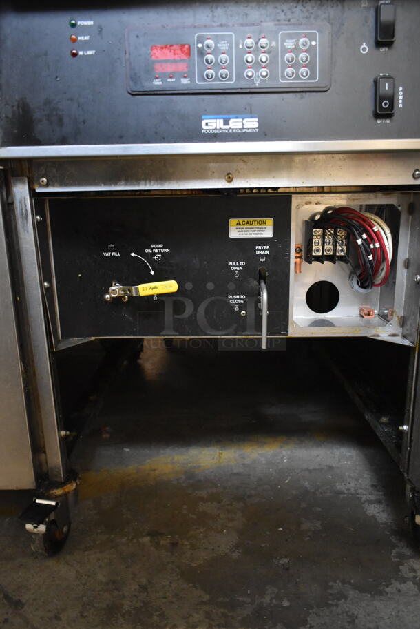 Giles EOF-24 Stainless Steel Commercial Electric Powered 3 Bay Fryer w/ Giles EOF-BIB Dumping Station and 4 Metal Fry Baskets. 480 Volts, 3 Phase. - Image 8 of 9