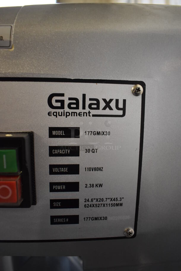 BRAND NEW SCRATCH AND DENT! Galaxy 177GMIX30 Metal Commercial Floor Style 30 Quart Planetary Dough Mixer w/ Stainless Steel Mixing Bowl, Bowl Guard, Dough Hook, Balloon Whisk and Paddle Attachments. 110 Volts, 1 Phase. 20x26x48. Tested and Working! - Image 10 of 11