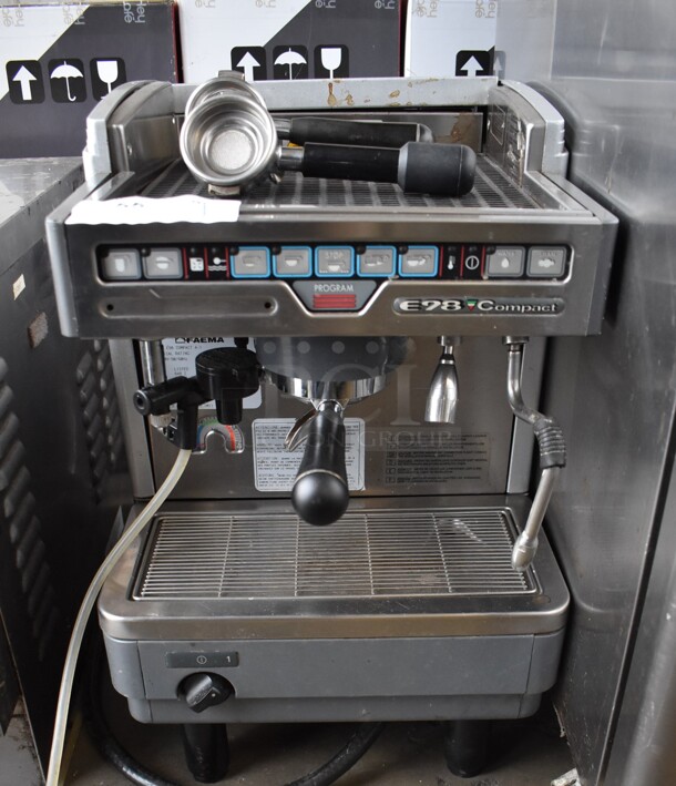 Faema E98 Compact A-1 Stainless Steel Commercial Countertop Single Group Espresso Machine w/ 3 Portafilters and 2 Steam Wands. 100-120 Volts, 1 Phase. 15x24x23