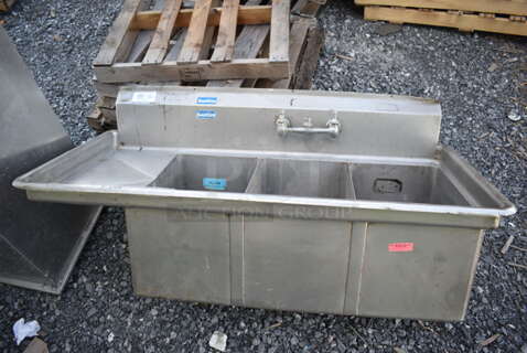 Stainless Steel Commercial 3 Bay Sink w/ Left Side Drain Board and Handles. No Legs. 57x27x26.5. Bays 14x21x14. Drain Board 11.5x23x1