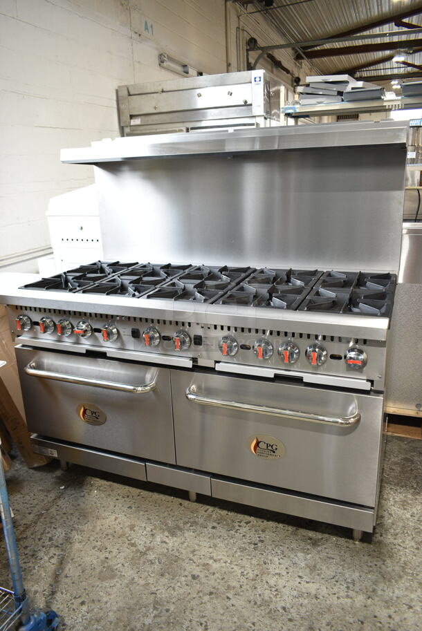 BRAND NEW SCRATCH AND DENT! Cooking Performance Group CPG 351CC60N Stainless Steel Commercial Natural Gas 10 Burner 60" Range with 2 Convection Ovens, Over Shelf and Back Splash. 360,000 BTU - Image 2 of 11