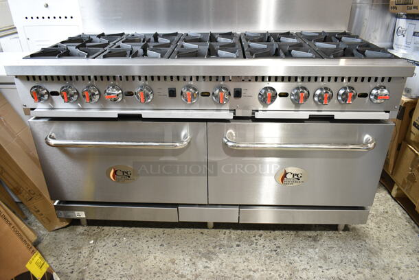 BRAND NEW SCRATCH AND DENT! Cooking Performance Group CPG 351CC60N Stainless Steel Commercial Natural Gas 10 Burner 60" Range with 2 Convection Ovens, Over Shelf and Back Splash. 360,000 BTU - Image 4 of 11