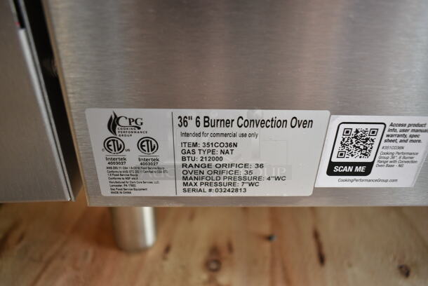 BRAND NEW SCRATCH AND DENT! Cooking Performance Group CPG 351CO36N Stainless Steel Commercial Combi Gas; Natural or Propane Gas Powered 6 Burner Range w/ Convection Oven, Over Shelf and Back Splash. 212,000 BTU.  - Image 7 of 7