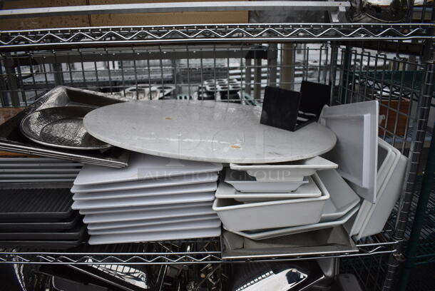 ALL ONE MONEY! Lot of Chrome Finish 4 Tier Shelving Unit on Commercial Casters w/ All Contents Including Metal Drop Ins, White Ceramic Plates. BUYER MUST DISMANTLE. PCI CANNOT DISMANTLE FOR SHIPPING. PLEASE CONSIDER FREIGHT CHARGES. 60x25x72 - Image 6 of 9