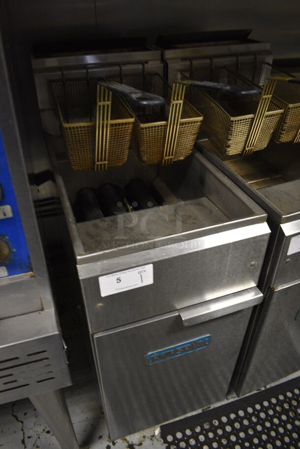 Imperial IFS-40 Stainless Steel Commercial Floor Style Natural Gas Powered Deep Fat Fryer w/ 2 Metal Fry Baskets. 105,000 BTU. 15.5x31x47. BUYER MUST REMOVE. Item Was in Working Condition on Last Day of Business. (kitchen) - Image 2 of 6