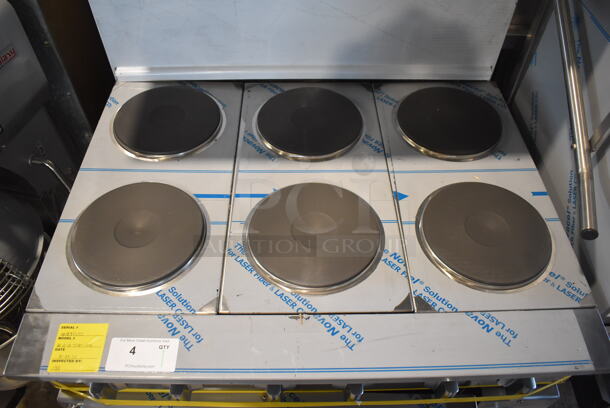 BRAND NEW SCRATCH AND DENT! Imperial IR-6-E Stainless Steel Commercial Electric Powered 6 Burner Hot Plate Range w/ Oven, Over Shelf and Back Splash. 240 Volts, 1 Phase. 36x31x55 - Image 5 of 11