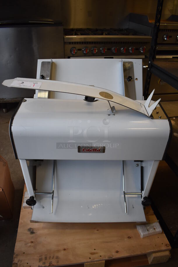 BRAND NEW SCRATCH AND DENT! Estella 348BSLICE58 Metal Commercial Countertop 5/8" Thickness Bread Slicer. 110 Volts, 1 Phase. 25x25x28. Tested and Working! - Image 1 of 10