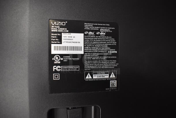 Vizio E601i-A3E 60" Television. 120 Volts, 1 Phase. Buyer Must Pick Up - We Will Not Ship This Item. Tested and Working! - Image 6 of 6