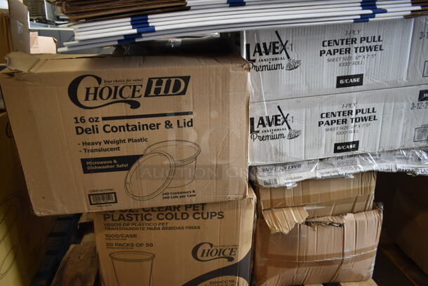 PALLET LOT of 15 BRAND NEW Boxes Including 6J6 White Customizable Foam Cup, 760SOUP16KFT Paper Food Cup, 128HD16COMBO Microwavable Translucent Plastic Deli Container, 3 Box 50CC16 Choice 16 oz Cups, 2 Box 5001CPTP Lavex 1-Ply Center Pull Paper Towel Roll 1000' - 6/Case. 15 Times Your Bid! - Image 6 of 7