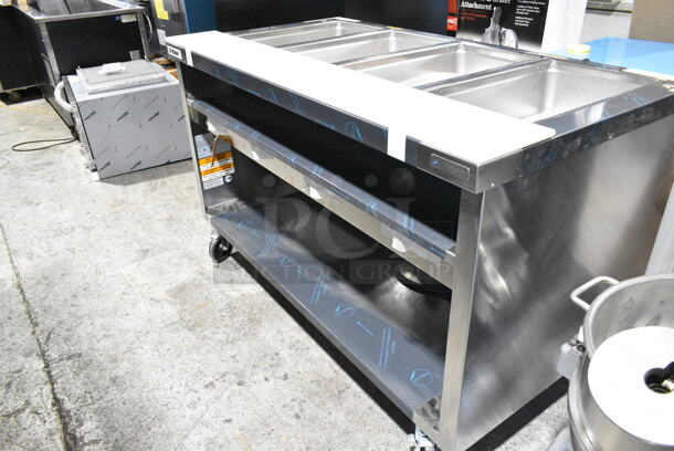BRAND NEW! 2023 Delfield EHEI60C Stainless Steel Commercial Floor Style Electric Powered 4 Bay Steam Table w/ Under Shelf on Commercial Casters. 208-230 Volts, 1 Phase. - Image 3 of 9