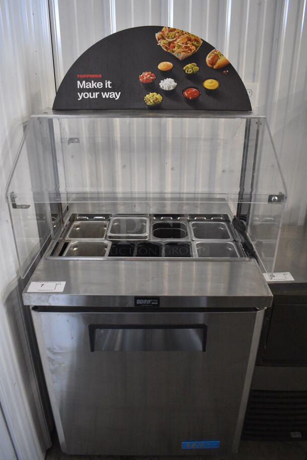 Turbo Air Model MST-28-711S Stainless Steel Commercial Single Door Work Top Cooler w/ Drop In Bins and Sneeze Guard on Commercial Casters. 115 Volts, 1 Phase. 28x31x62. Tested and Working! - Image 1 of 5