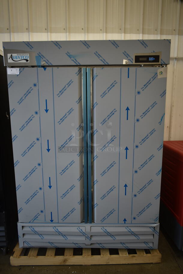 BRAND NEW SCRATCH AND DENT! 2023 Avantco 447AP49R Stainless Steel Commercial 2 Door Reach In Cooler w/ Poly Coated Racks. 115 Volts, 1 Phase. Tested and Working! - Image 1 of 8