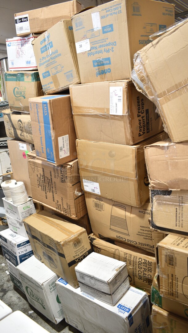PALLET LOT of 40 BRAND NEW Boxes Including 3941034L Lavex Powder-Free Disposable Black Hybrid 3 Mil Thick Gloves - Large - 1000/Case, 394365XL Noble Products Powder-Free Disposable Clear Vinyl Gloves for Foodservice - Extra Large - 1000/Case, 2 Box 182RRF14 Choice 10" x 14" Plastic Food Bag On A Roll - 1000/Case, 100BTWINE Choice #24 Gauge Butcher Sausage Twine 2 lb. Spool, 1500050 Kari-Out Company 1/4 lb. Square Glassine Bag - 1000/Case, 500CC32P Choice Clear PET Plastic Cold Cup - 32 oz. - 500/Case, 395RP10 EcoChoice Compostable Sugarcane / Bagasse 10" Plate - 500/Case, 5002BNAPBLK Choice Black 2-Ply Customizable Beverage / Cocktail Napkin - 1000/Case, 2 Box 966UPWIDEKFT OneUp by Choice Kraft 2-Ply Wide Interfold 6 1/2" x 8 1/2" Dispenser Napkin - 6000/Case, 5001RT800B Lavex 8" White Hardwound Paper Towel, 800 Feet / Roll - 6/Case, 129MCR24B Choice 24 oz. Black Round Microwavable Heavy Weight Container with Lid 7 1/4" - 150/Case, 500TW7 Choice 7 oz. Translucent Thin Wall Plastic Cold Cup - 2500/Case, 347RPBD6WHSV Visions 6" White Plastic Plate with Silver Bands - 150/Case, 5001RTSELNAT Lavex Select 1-Ply Natural Kraft Paper Towel Roll, 665 Feet / Roll - 6/Case, 2 Box 795PTOBK3 Choice 7 3/4" x 5 1/2" x 2 1/2" Black Microwavable Folded Paper #3 Take-Out Container - 200/Case, 50010CAFE Choice 10 oz. Cafe Print Poly Paper Hot Cup - 1000/Case, 5008C Choice 8 oz. Tall Coffee Print Poly Paper Hot Cup - 1000/Case, 2 Box 130WHFORKX Choice White Extra Heavy Weight Plastic Fork - 1000/Case, 127CH64 Choice 64 oz. Clear RPET Hinged Deli Container - 200/Case. 40 Times Your Bid! - Image 1 of 12